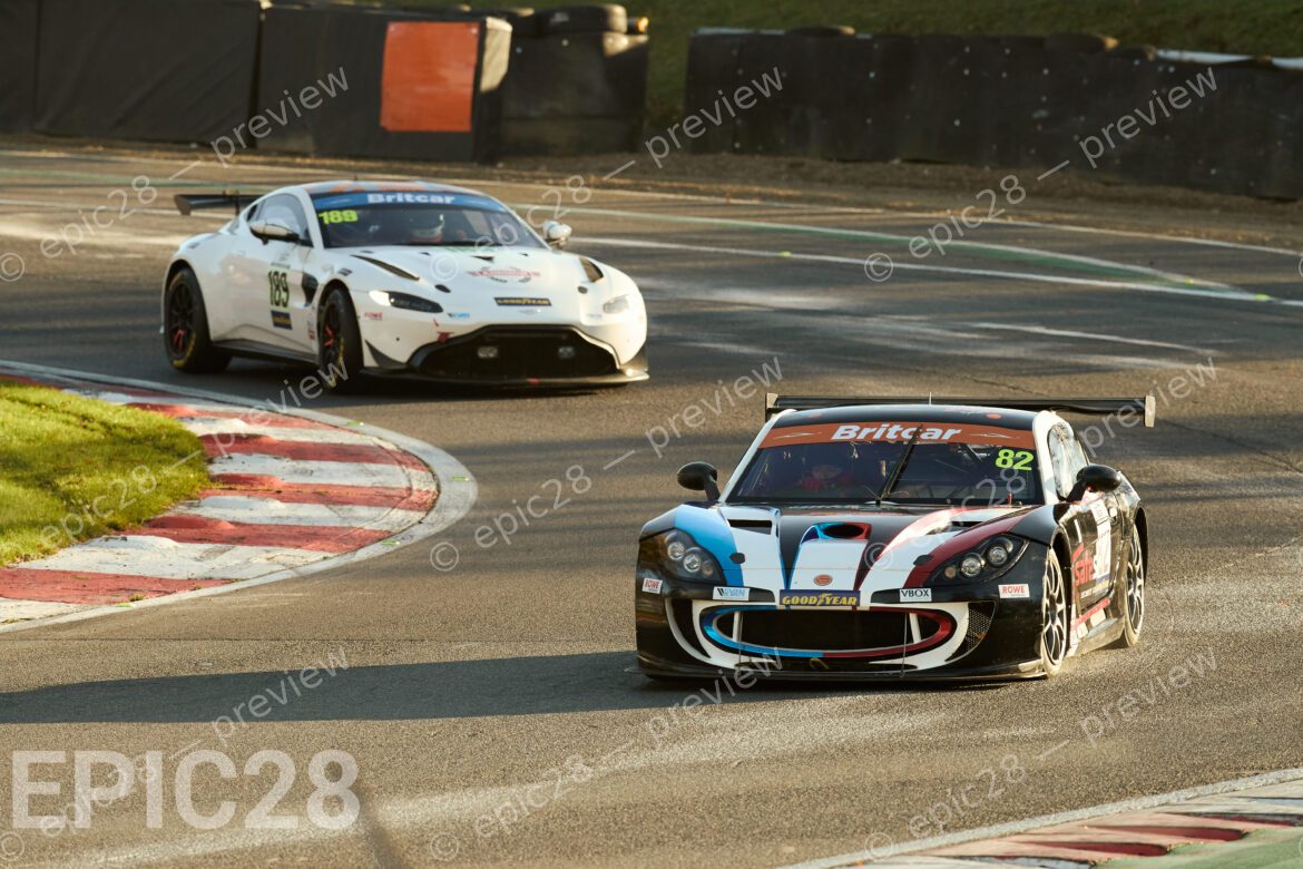 82 Michael Knibbs and Aiden Hills (PRO) race for Hills Motorsport / Safe Site Facilities in a Ginetta G55 Supercup (GINETTA (INV) Class) and Martin Addison races for Addison Racing in an Aston Martin Vantage GT4 (GT Class) at the Britcar Endurance Championship at Brands Hatch Indy on the 8th November 2025. (Photo by Craig Allan-McWilliams)