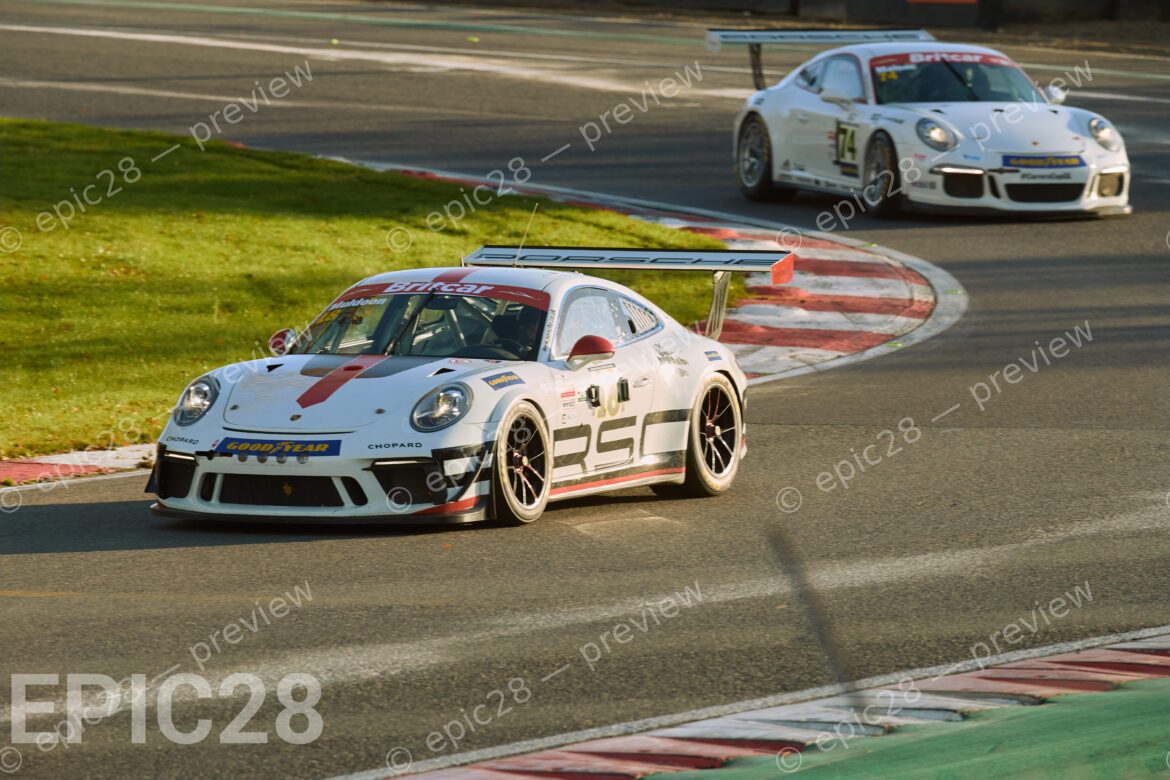 Number 18 AMSPEED in a Porsche 991.2 Cup (CHALLENGE Class) leads Numer 74 AMSPEED in a Porsche 991.1 Cup (CHALLENGE Class) at the Britcar Endurance Championship at Brands Hatch Indy on the 8th November 2025. (Photo by Craig Allan-McWilliams)