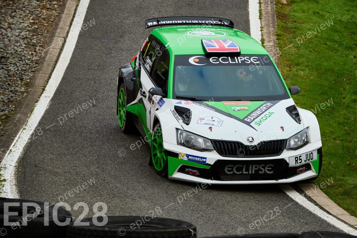 Driver John Griffiths (Dukeries MC) and co-driver Emma Morrison (Dukeries MC) race in the Skoda Fabia R5 (1598) at the NHMC Cadwell Stages Rally 2025 at Cadwell Park Circuit, Louth, Lincolnshire on the 16th Nov 2025.