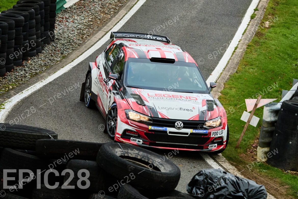 Driver John Stone (Blackpool South Shore MC) and co-driver Rhys Stoneman (PTMC, NHMC) race in the VW Polo R5 GTi (1600) at the NHMC Cadwell Stages Rally 2025 at Cadwell Park Circuit, Louth, Lincolnshire on the 16th Nov 2025.
