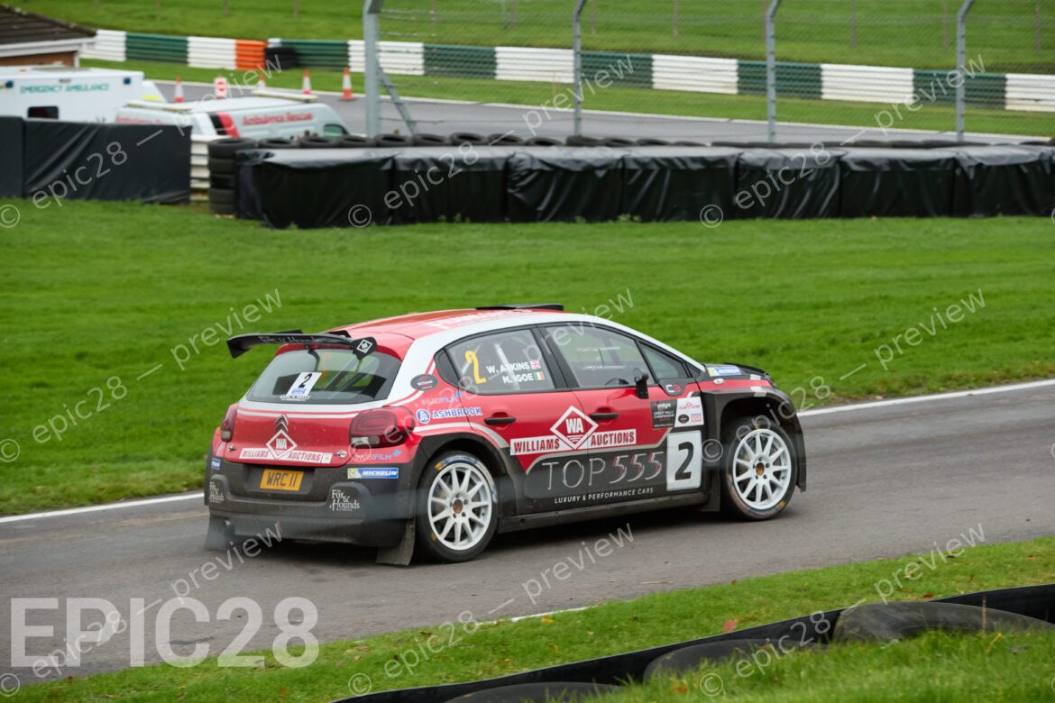 Driver Michael Igoe (Dukeries MC) and co-driver Will Atkins (Whitchurch MC) race in the Citroen C3 Rally 2 (1600) at the NHMC Cadwell Stages Rally 2025 at Cadwell Park Circuit, Louth, Lincolnshire on the 16th Nov 2025.