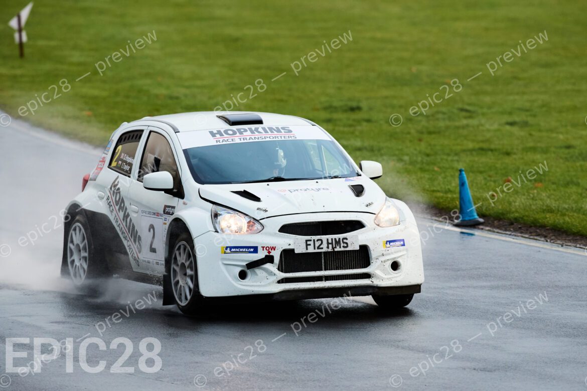 Castle Combe Race Circuit, England, 29th Nov 2025, Oliver Hopkins and Ian Taylor race for HOPKINS RACE TRANSPORTERS / ABX Roofing Supplies in a Mitsubishi Mirage at the DAE Castle Combe Stage Rally. Credit: Craig Allan-McWilliams/Alamy Live News