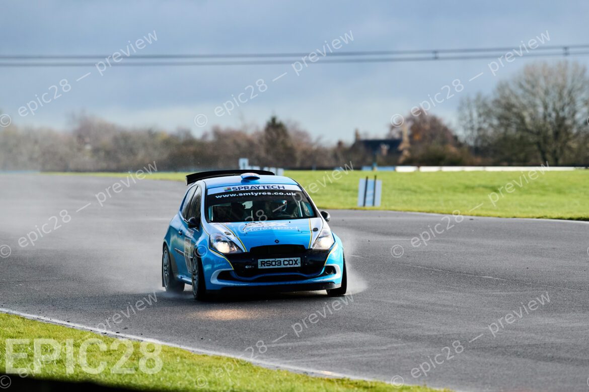 Castle Combe Race Circuit, England, 29th Nov 2025, Sam Cox and Jack Cox race for Stoke Mandeville Autocentre, Franklins Kitchen, Spraytech Aylesbury in a Renault Clio Cup 3 at the DAE Castle Combe Stage Rally. Credit: Craig Allan-McWilliams/Alamy Live News