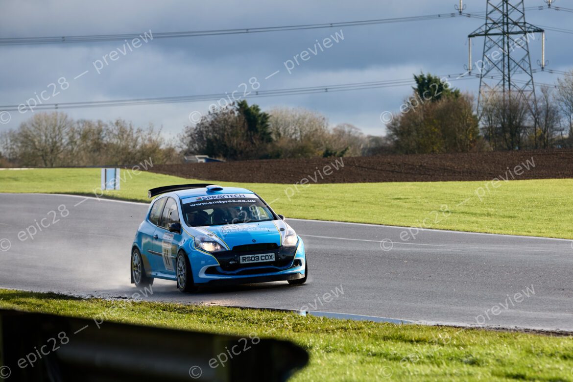 Castle Combe Race Circuit, England, 29th Nov 2025, Sam Cox and Jack Cox race for Stoke Mandeville Autocentre, Franklins Kitchen, Spraytech Aylesbury in a Renault Clio Cup 3 at the DAE Castle Combe Stage Rally. Credit: Tracey Allan-McWilliams/Alamy Live News
