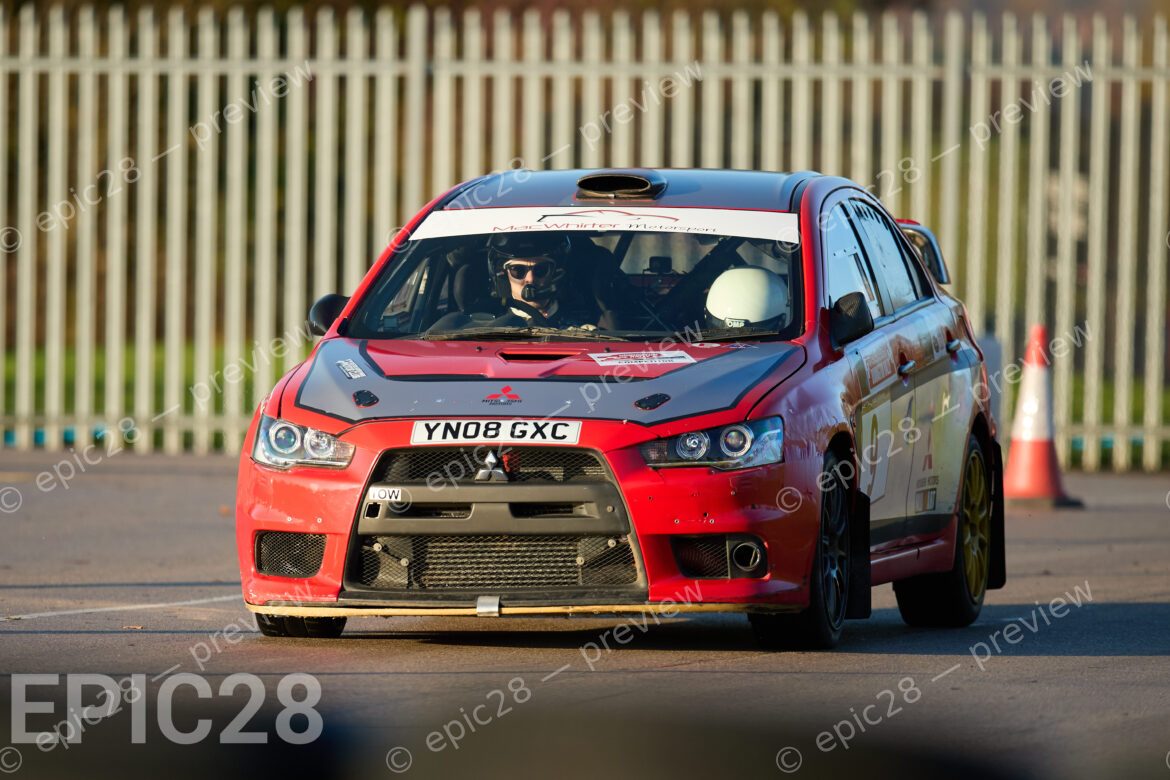Donington Park, England, 30th Nov 2025, No9, Alfie Threlfall of Dukeries MC and Patrick Cross of Dukeries MC race in a Mitsubishi Evo X at the Tegiwa Donington Rally 2025 at Donington Park on 30th Nov 2025. Credit: Craig Allan-McWilliams/Alamy Live News