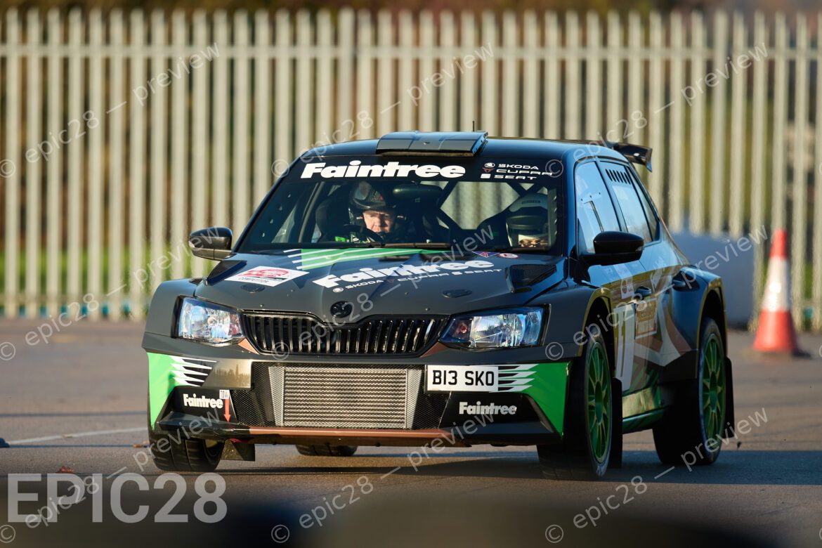 Donington Park, England, 30th Nov 2025, No11, Paul Wedgbury of Wolverhampton & South Staffs and Gemma Price of Wolverhampton & South Staffs race in a Skoda Fabia R5 Proto at the Tegiwa Donington Rally 2025 at Donington Park on 30th Nov 2025. Credit: Craig Allan-McWilliams/Alamy Live News