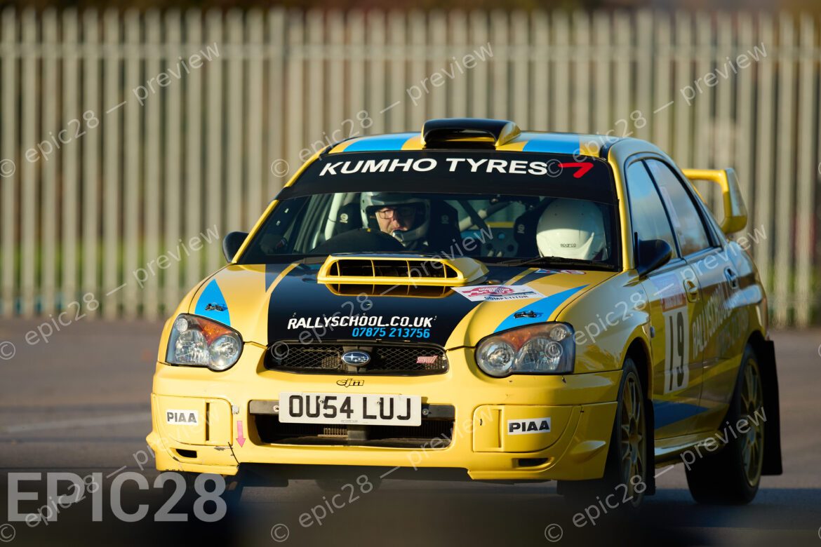 Donington Park, England, 30th Nov 2025, No19, Ian Ross of Knighton MC and Oliver Schofield of Knighton MC race in a Subaru Impreza at the Tegiwa Donington Rally 2025 at Donington Park on 30th Nov 2025. Credit: Craig Allan-McWilliams/Alamy Live News
