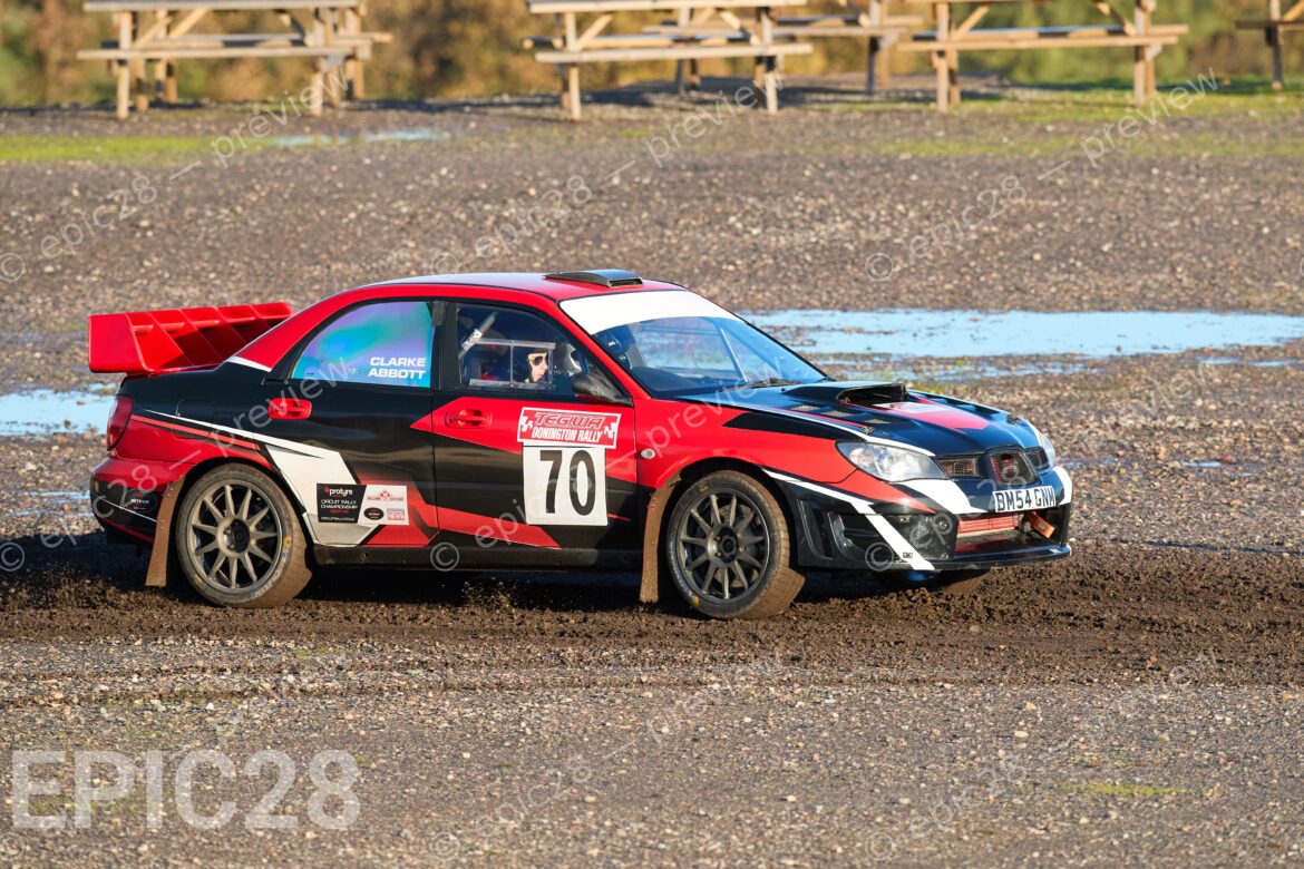 Donington Park, England, 30th Nov 2025, No70, Lee Clarke of Stockport 061 and Michael Abbott of Liverpool MC race in a Subaru Impreza at the Tegiwa Donington Rally 2025 at Donington Park on 30th Nov 2025. Credit: Craig Allan-McWilliams/Alamy Live News