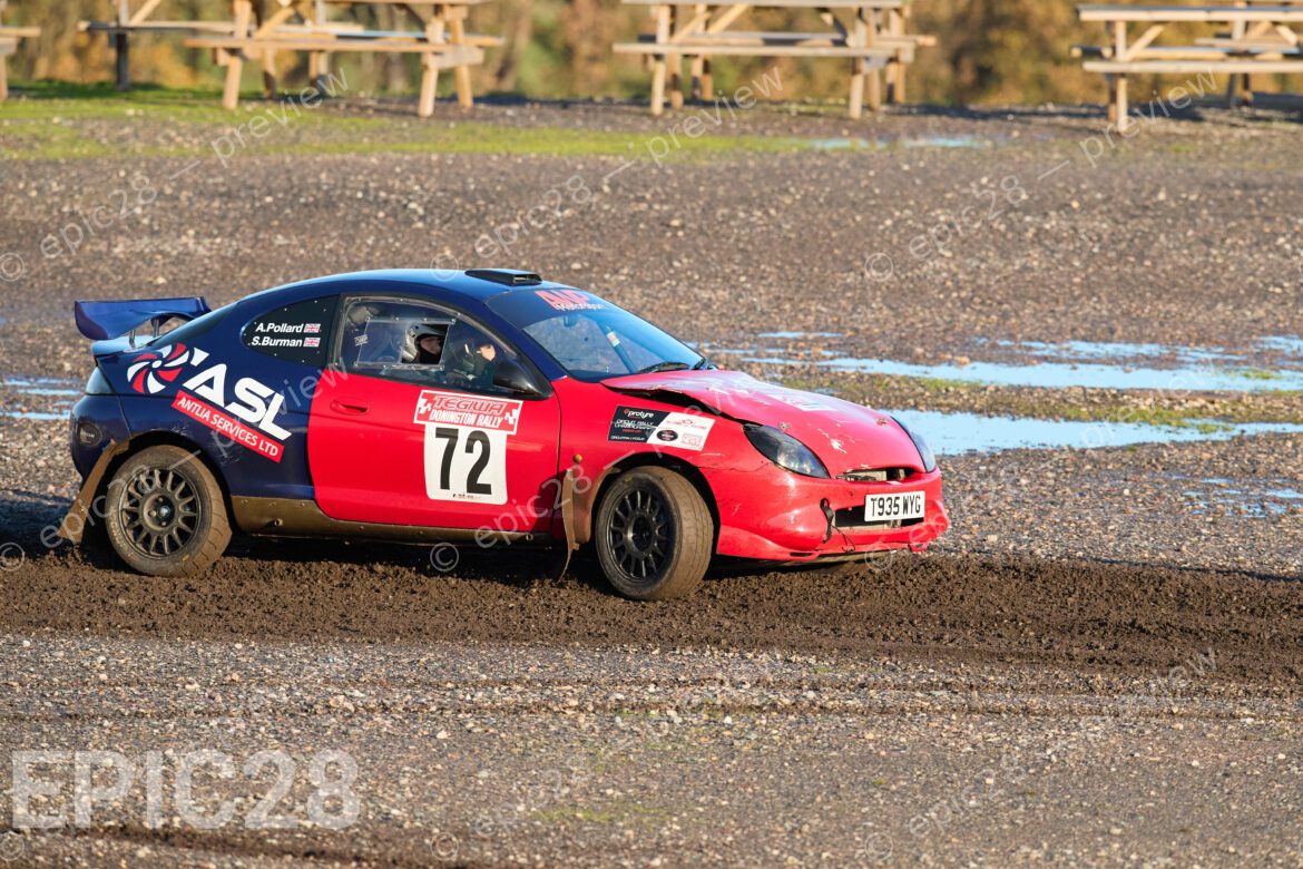 Donington Park, England, 30th Nov 2025, No72, Andrew Pollard of Hexham & DMC and Sam Burman of Hexham & DMC race in a Ford Puma at the Tegiwa Donington Rally 2025 at Donington Park on 30th Nov 2025. Credit: Craig Allan-McWilliams/Alamy Live News