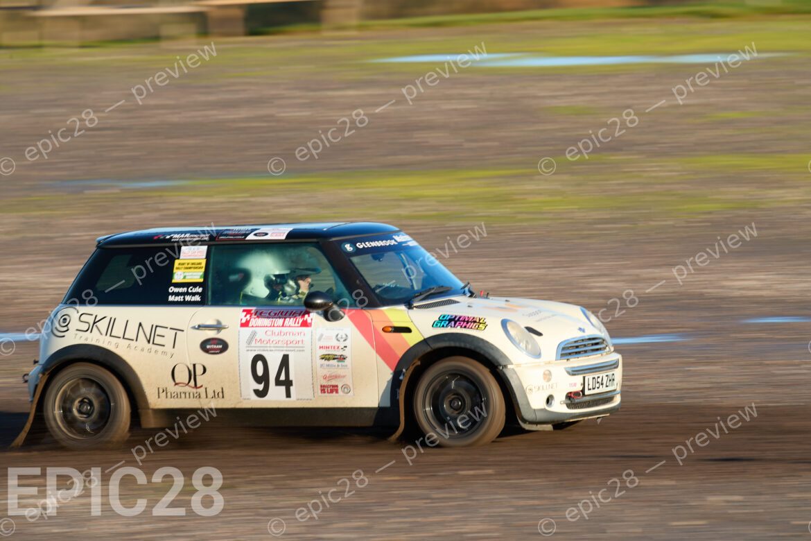 Donington Park, England, 30th Nov 2025, No94, Owen Cule of Quinton MC and Matthew Walk of Quinton MC race in a BMW Mini Cooper R50 at the Tegiwa Donington Rally 2025 at Donington Park on 30th Nov 2025. Credit: Craig Allan-McWilliams/Alamy Live News