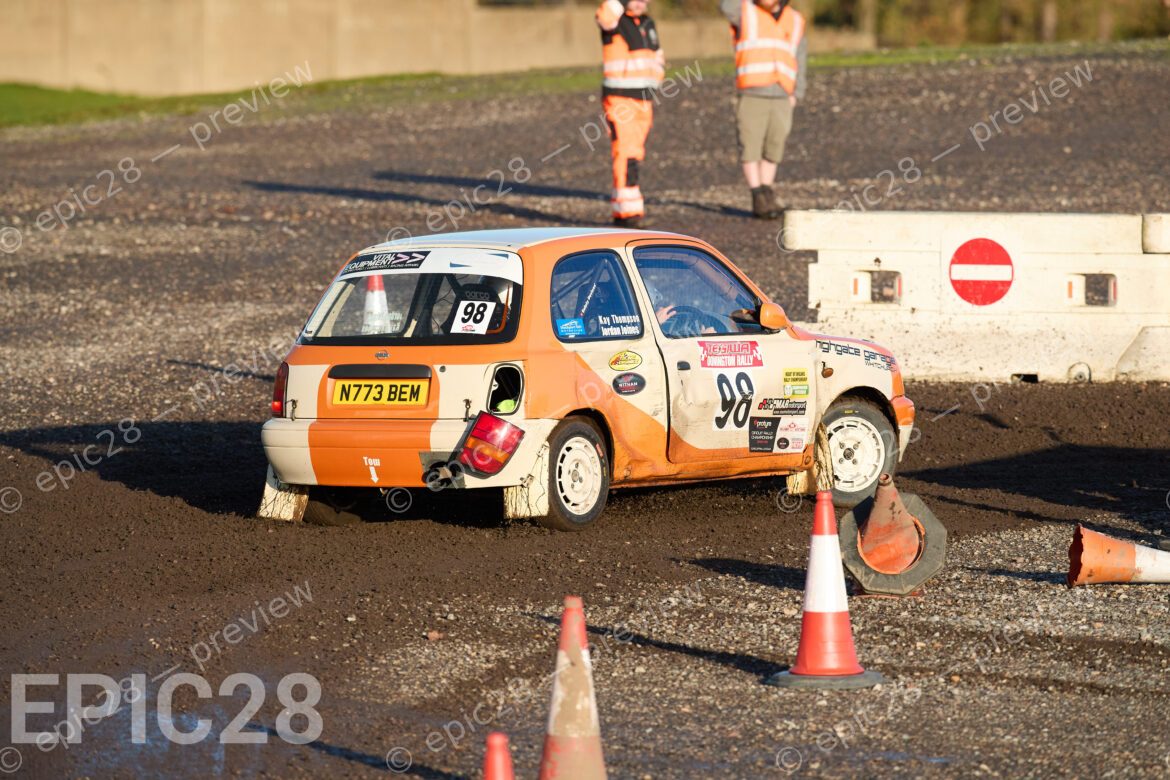 Donington Park, England, 30th Nov 2025, No98, Kay Thompson of Bolton-le-Moors / Stockport 061 and Jordan Joines of Wallasey MC race in a Nissan Micra at the Tegiwa Donington Rally 2025 at Donington Park on 30th Nov 2025. Credit: Craig Allan-McWilliams/Alamy Live News