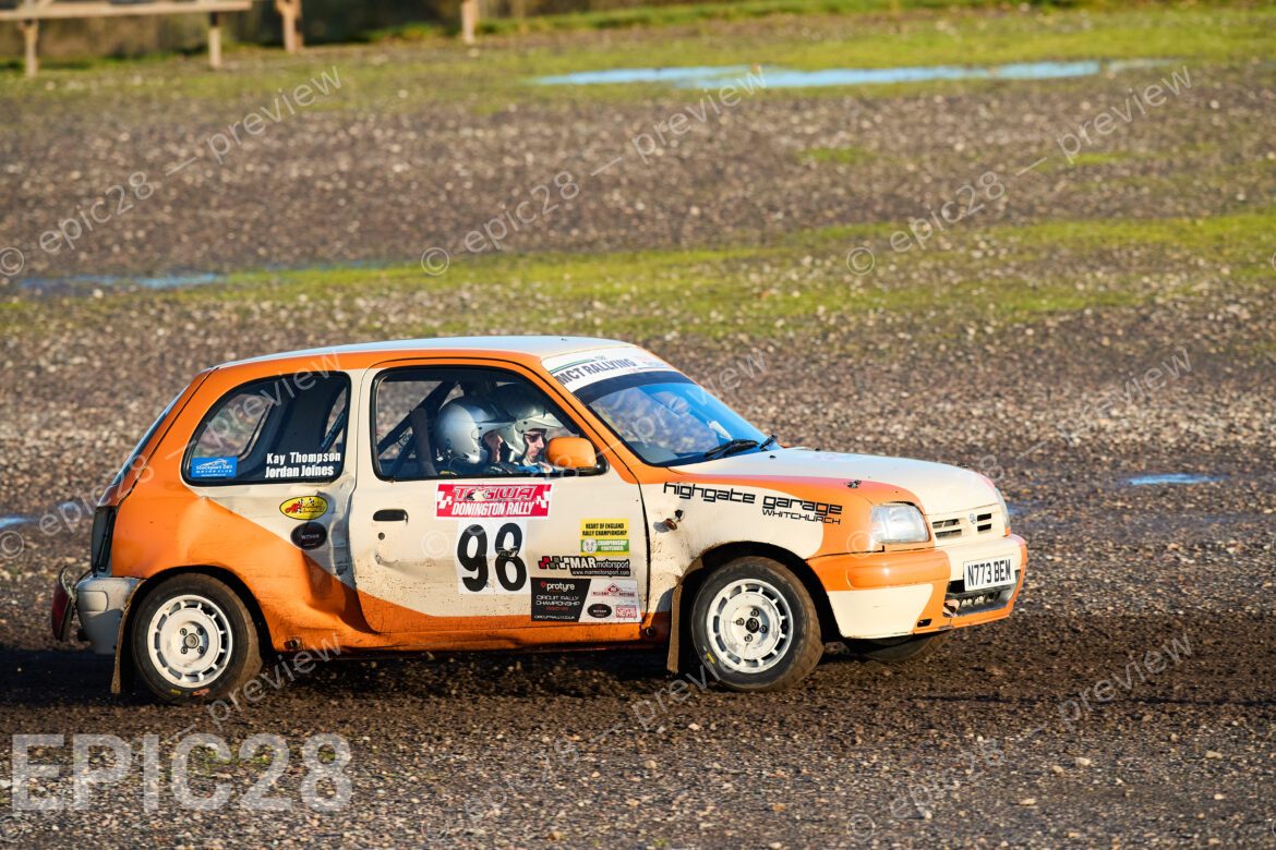 Donington Park, England, 30th Nov 2025, No98, Kay Thompson of Bolton-le-Moors / Stockport 061 and Jordan Joines of Wallasey MC race in a Nissan Micra at the Tegiwa Donington Rally 2025 at Donington Park on 30th Nov 2025. Credit: Craig Allan-McWilliams/Alamy Live News