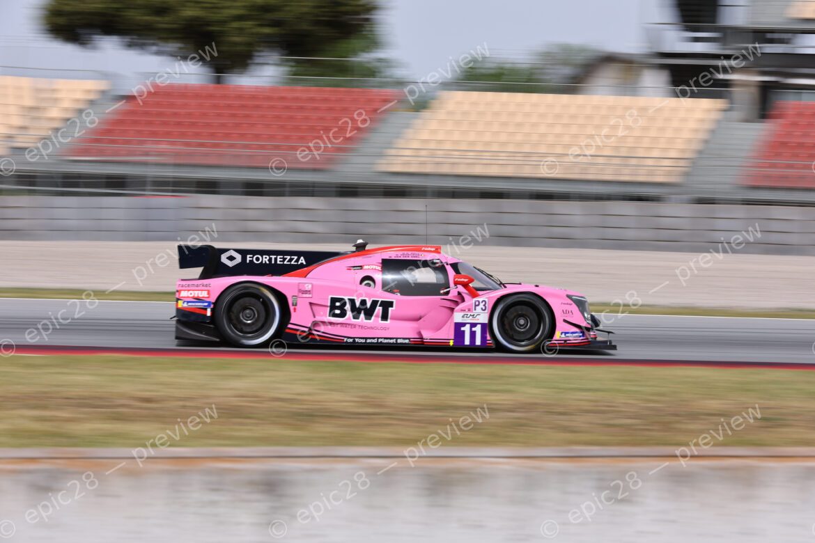 Barcelona, Spain. 11th Apr 2026. #11 Ligier JS P325 - Toyota of Matthew Richard BELL (GBR) and Douwe DEDECKER (BEL) and Max VAN DER SNEL (NED) (EUROINTERNATIONAL) pushes through a high-speed section during the second free practice session, maintaining focus and stability on the limit.. Credit: Craig Allan-McWilliams/Alamy Live News