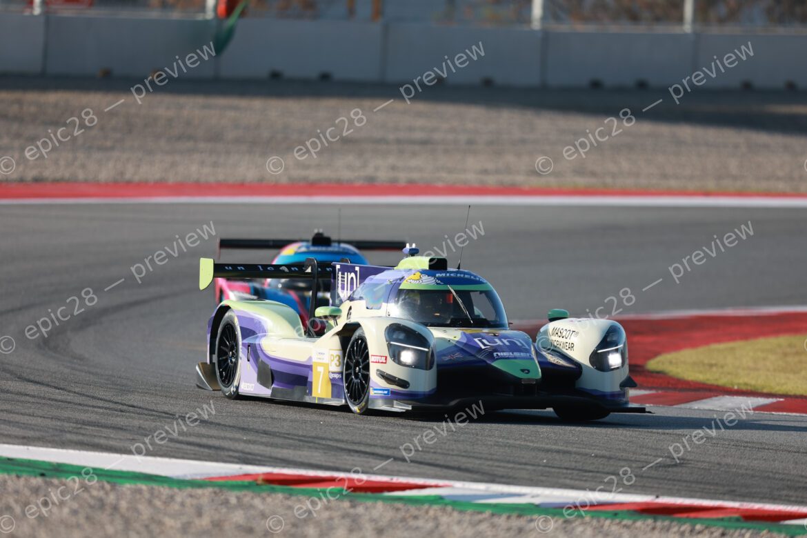 Barcelona, Spain. 8th Apr 2026. #7 Duqueine D09 - Toyota of Alfie BRIGGS (GBR) and Matthew BELL (GBR) (NIELSEN RACING) LMP3 prototype maintains a tight line through the corner, leading the pursuit during the morning session.. Credit: Craig Allan-McWilliams/Alamy Live News