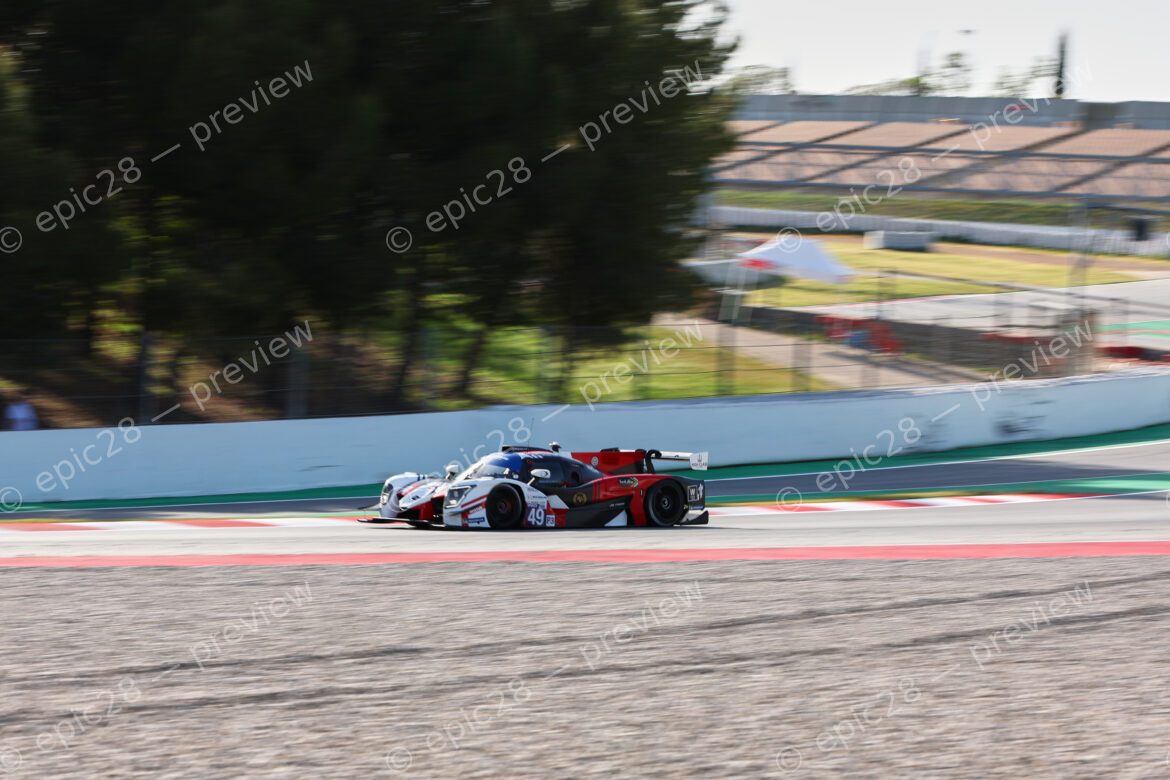 Barcelona, Spain. 10th Apr 2026. #49 Ligier JS P325 - Toyota of Michael HOVE (DEN) and Andrew RACKSTRAW (RSA) (HIGH CLASS RACING) LMP3 prototype maintains high speed through a sweeping bend during the second free practice session. The car pushes the limits of grip as it navigates the edge of the track.. Credit: Tracey Allan-McWilliams/Alamy Live News