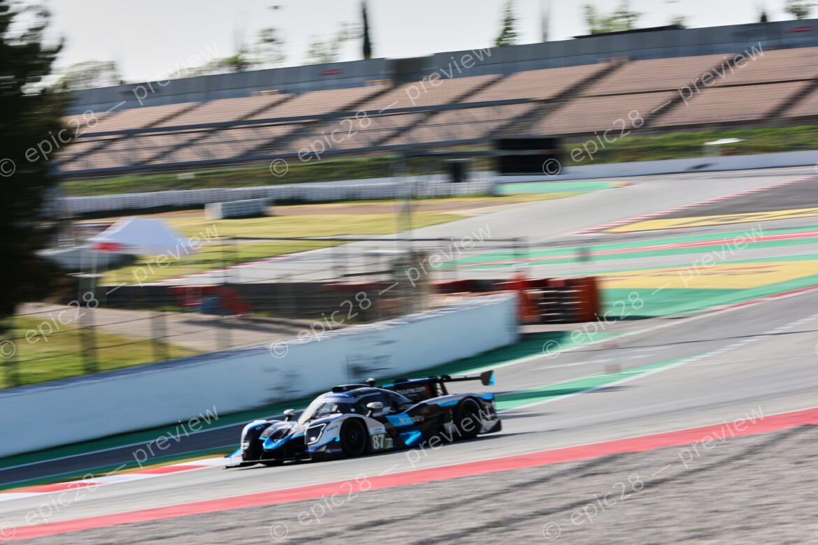 Barcelona, Spain. 10th Apr 2026. #87 Ligier JS P325 - Toyota of Alexander JACOBY (BRA) and Kevin RABIN (SUI) (CLX MOTORSPORT) prototype pushes its limits through a high-speed section during the second free practice session. The driver maintains a tight line against the perimeter wall to maximize exit speed.. Credit: Tracey Allan-McWilliams/Alamy Live News