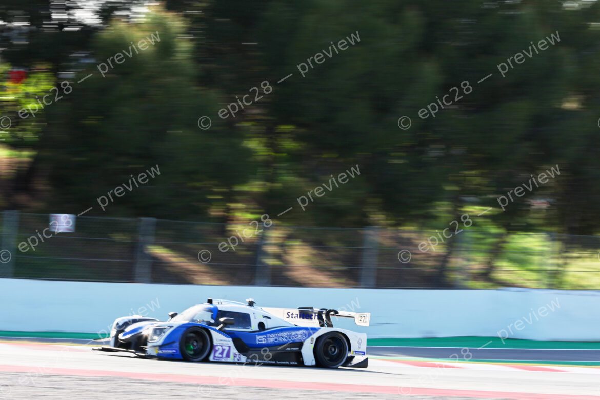 Barcelona, Spain. 10th Apr 2026. #27 Ligier JS P325 - Toyota of Andrew FERGUSON (GBR) and Louis HAMILTON-SMITH (GBR) (P4 RACING) LMP3 prototype pushes through a high-speed section during Free Practice 2, maintaining momentum through the bend.. Credit: Tracey Allan-McWilliams/Alamy Live News