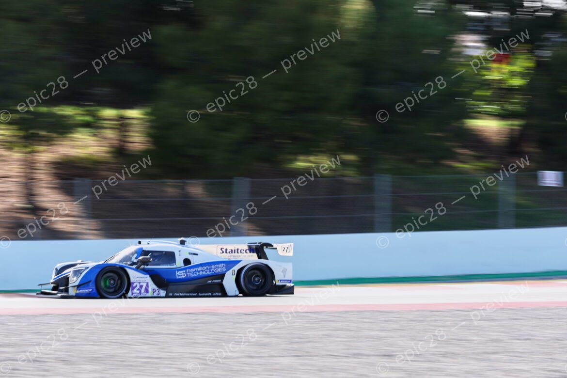 Barcelona, Spain. 10th Apr 2026. #27 Ligier JS P325 - Toyota of Andrew FERGUSON (GBR) and Louis HAMILTON-SMITH (GBR) (P4 RACING) LMP3 prototype pushes through a high-speed section during Free Practice 2, maintaining a tight line as it navigates the circuit.. Credit: Tracey Allan-McWilliams/Alamy Live News