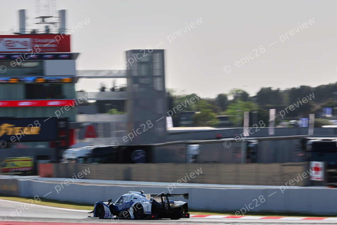 Barcelona, Spain. 10th Apr 2026. #27 Ligier JS P325 - Toyota of Andrew FERGUSON (GBR) and Louis HAMILTON-SMITH (GBR) (P4 RACING) LMP3 prototype pushes through a high-speed section during the second free practice session.. Credit: Tracey Allan-McWilliams/Alamy Live News