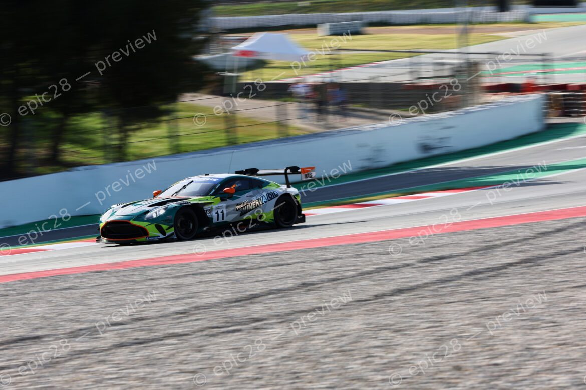 Barcelona, Spain. 10th Apr 2026. #11 Aston Martin Vantage AMR GT3 Evo of Pascal HUTEAU (FRA) and Antoine LECLERC (FRA) (CODE RACING DEVELOPMENT) Aston Martin maintains a tight line through the corner during the second free practice session.. Credit: Tracey Allan-McWilliams/Alamy Live News