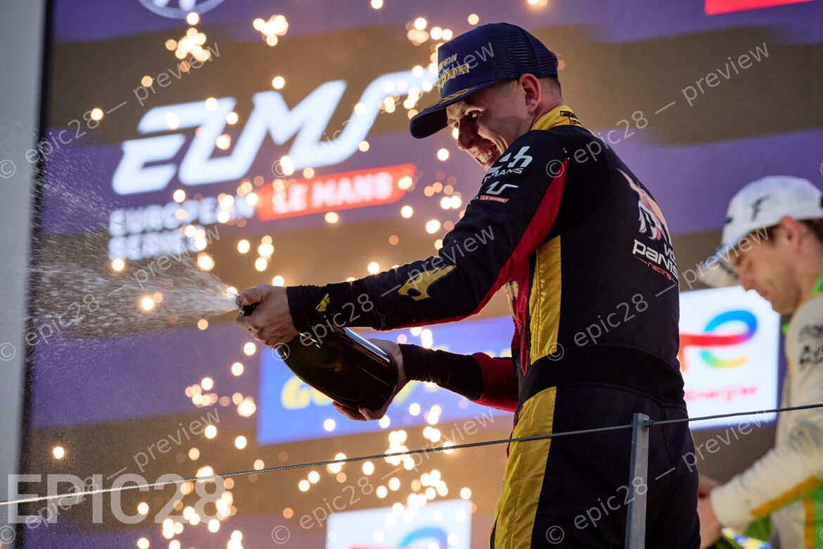 Oliver GRAY (GBR) Sprays Champagne from the podium over his team - VDS PANIS RACING (FRA) in an Oreca 07 - Gibson during the European Le Mans Series, 4 HOURS OF PORTIMÃO, Portugal, 18th October 2025. (Photo by Craig Allan-McWilliams)