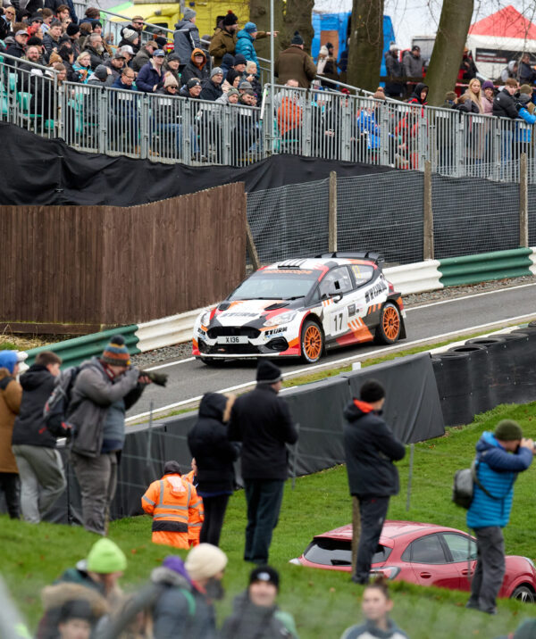 Driver Chris Thompson (Whickham & DMC) and co-driver Pete Gibson (Whickham & DMC) race in the Ford Fiesta R2 (1600) at the NHMC Cadwell Stages Rally 2025 at Cadwell Park Circuit, Louth, Lincolnshire on the 16th Nov 2025.